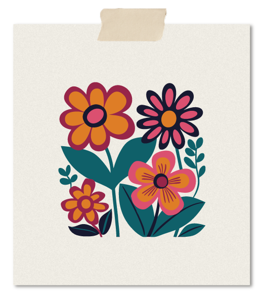 vintage bloemen illustratie met gele, roze en groene kleuren op een papieren blad met een stuk tape aan de bovenkant.