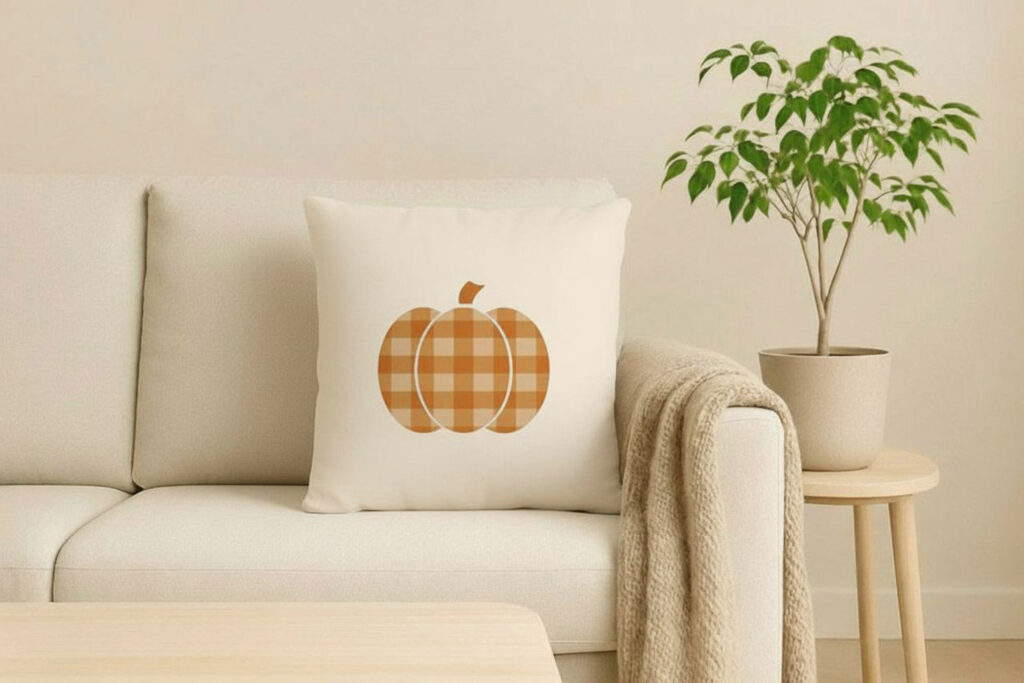 Een creme wit kussen met een oranje geruit pompoen ontwerp