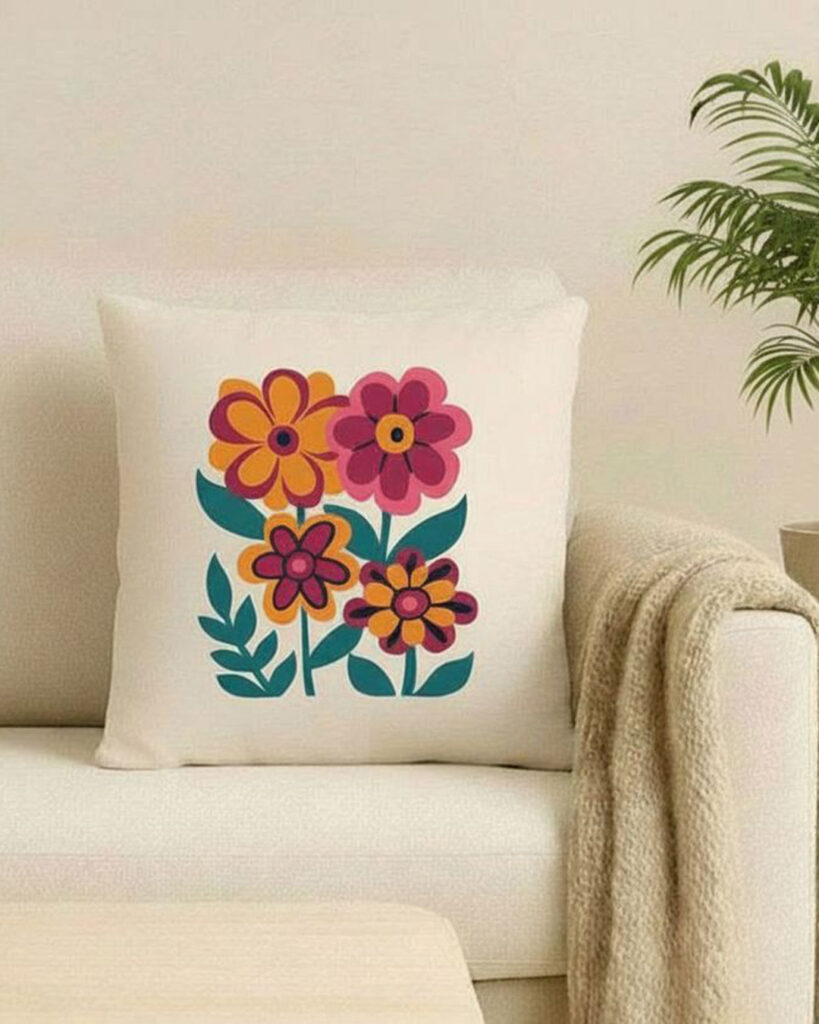 Kussen met een afbeelding van een vintage bloemen boeket met dahlia's.