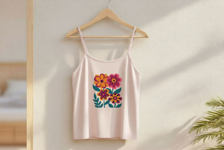 roze spaghetti tanktop met een afbeelding van een vintage bloemen boeket met dahlia's.