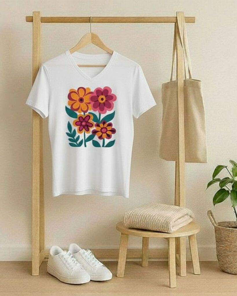 wit t-shirt met een afbeelding van een vintage bloemen boeket met dahlia's.