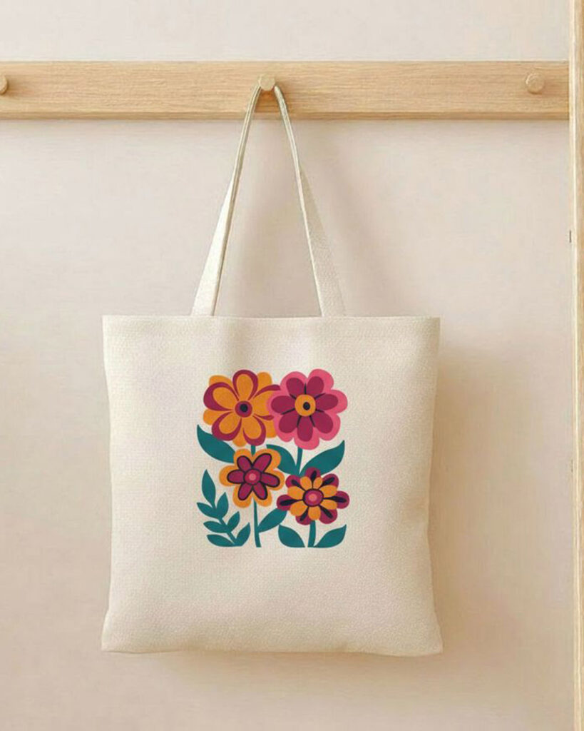 katoenen tas met een afbeelding van een vintage bloemen boeket met dahlia's.