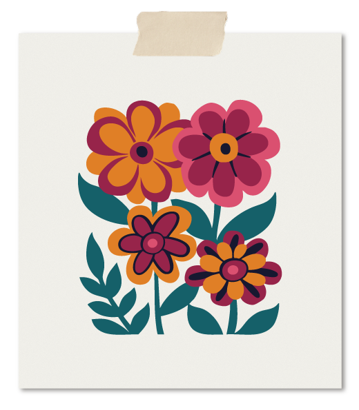 Illustratie van een vintage bloemenboeket met dahlia's op een papier met een plakker