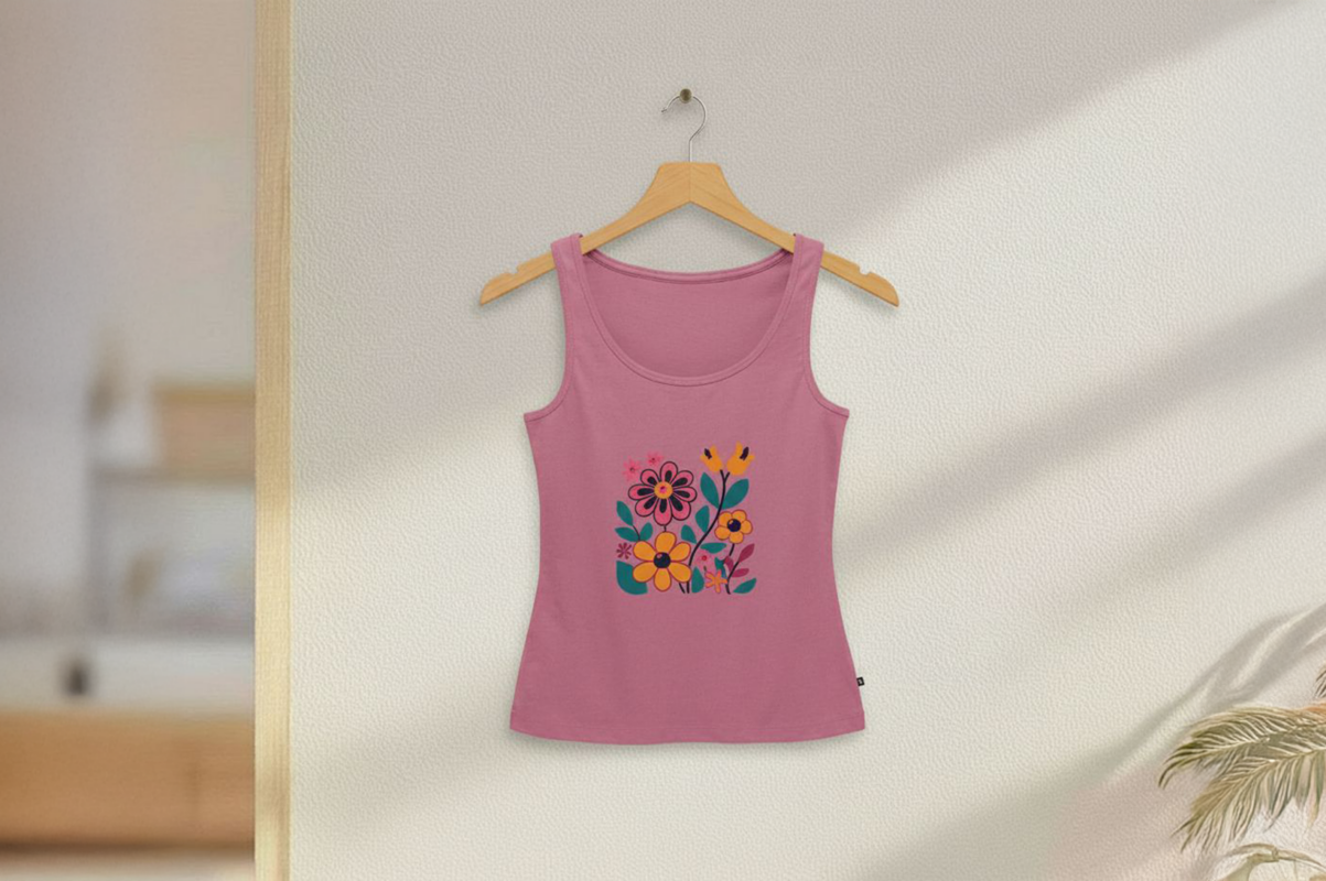 Roze tanktop met een afbeelding van een vintage bloemen boeket met klokjes