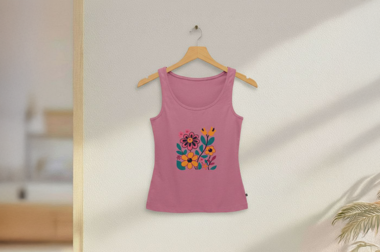 Roze tanktop met een afbeelding van een vintage bloemen boeket met klokjes