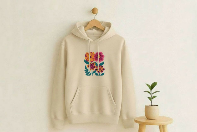 Witte hoodie met een afbeelding van een vintage bloemen boeket met dahlia's.