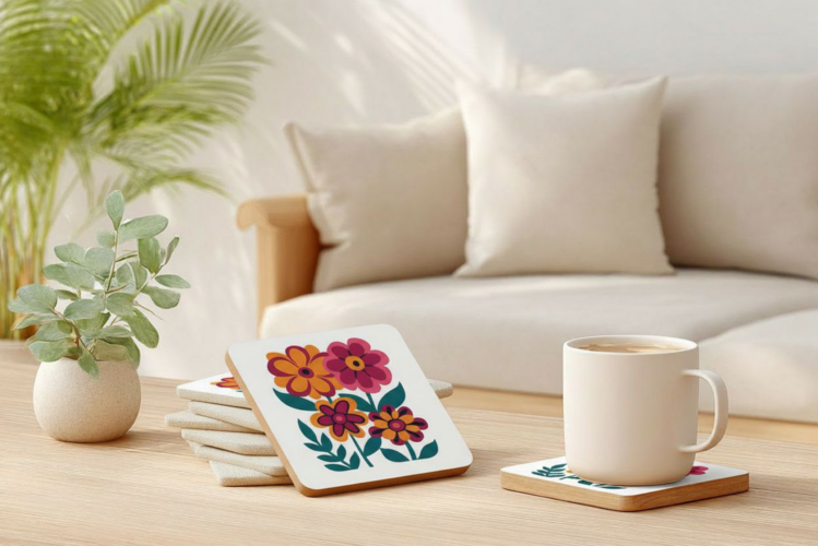 Onderzetters met een afbeelding van een vintage bloemen boeket met dahlia's.