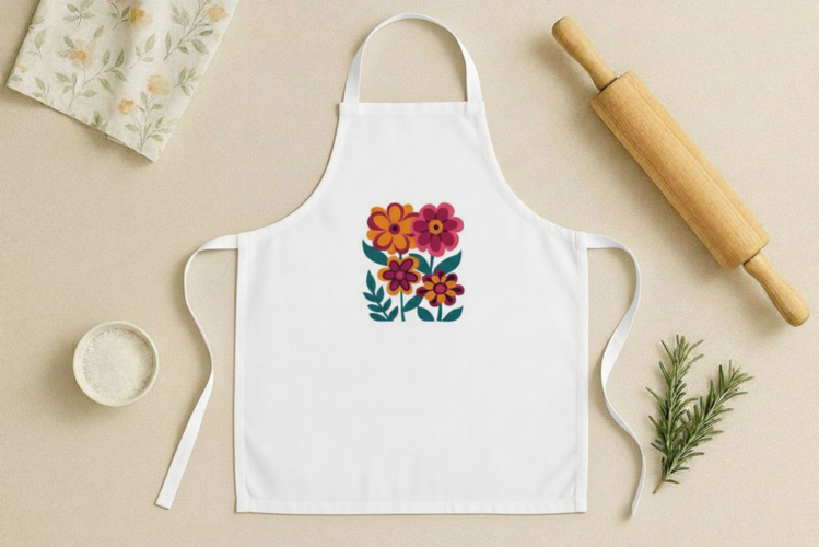 Schort met een afbeelding van een vintage bloemen boeket met dahlia's.