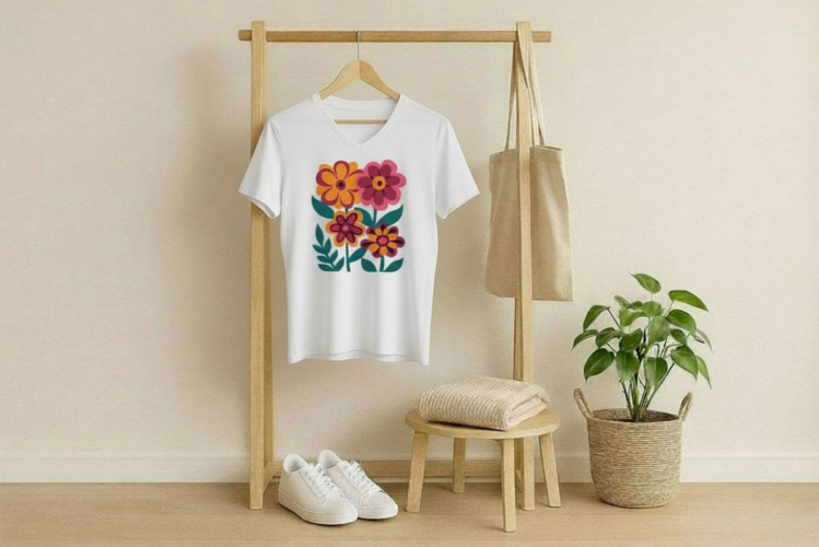Wit t-shirt met een afbeelding van een vintage bloemen boeket met dahlia's.