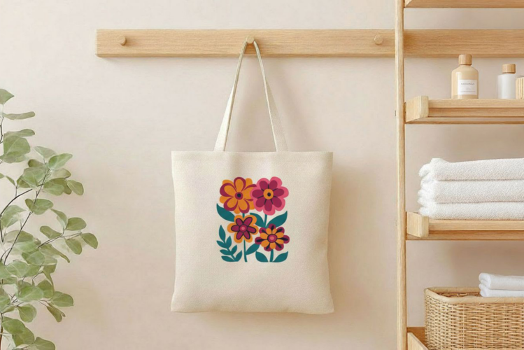 Katoenen tas met een afbeelding van een vintage bloemen boeket met dahlia's.
