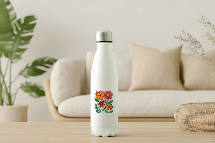 Waterfles met een afbeelding van een vintage bloemen boeket met dahlia's.