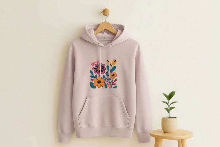 Roze hoodie met een afbeelding van een vintage bloemen boeket met klokjes