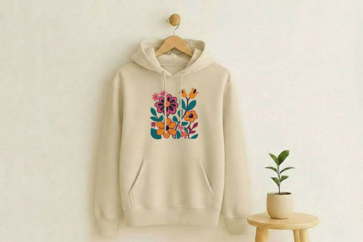 Witte hoodie met een afbeelding van een vintage bloemen boeket met klokjes
