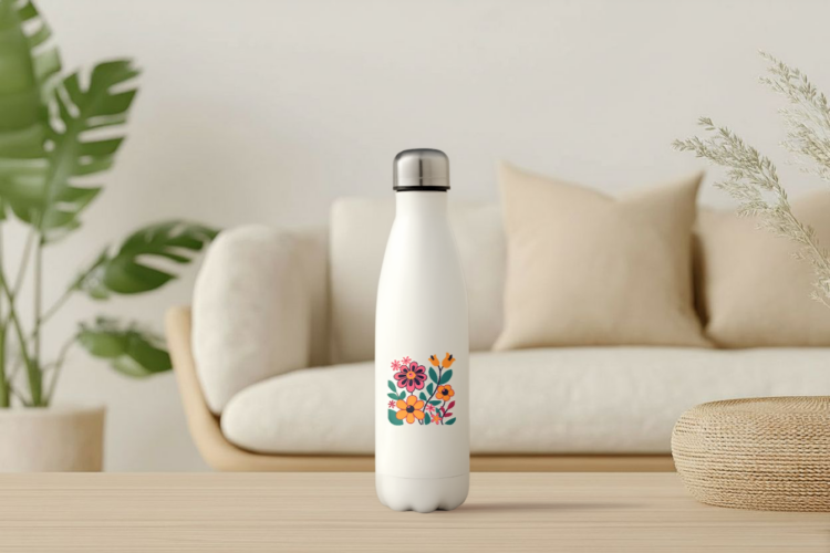 Waterfles met een afbeelding van een vintage bloemen boeket met klokjes