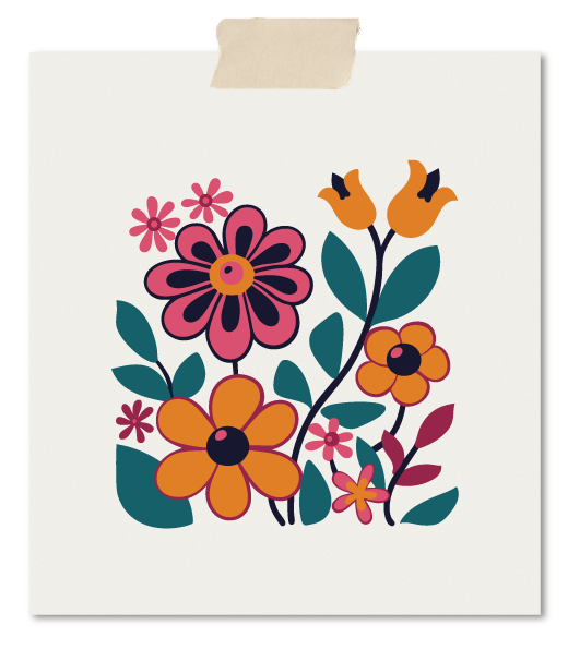 vintage bloemen illustratie met klokjes in gele, roze en groene kleuren op een papieren blad met een stuk tape aan de bovenkant.