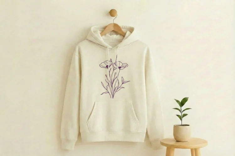 Minimalistische paarse lijntekening van een klaproos op een beige hoodie aan een haakje aan de muur