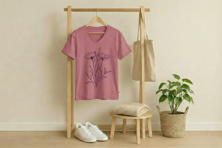 Minimalistische paarse lijntekening van een klaproos op een paars v-hals t-shirt aan een haakje aan de muur