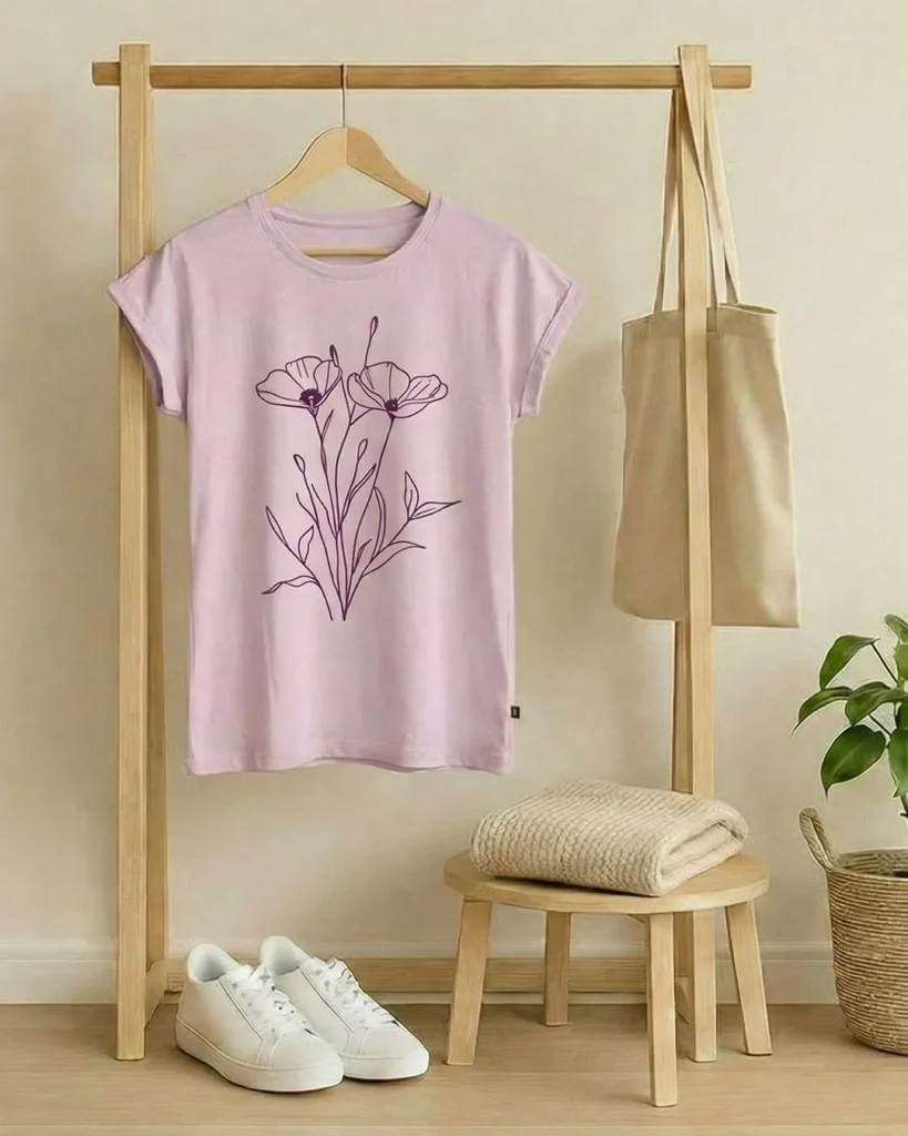 Minimalistische paarse lijntekening van een klaproos op een roze t-shirt aan een haakje aan de muur