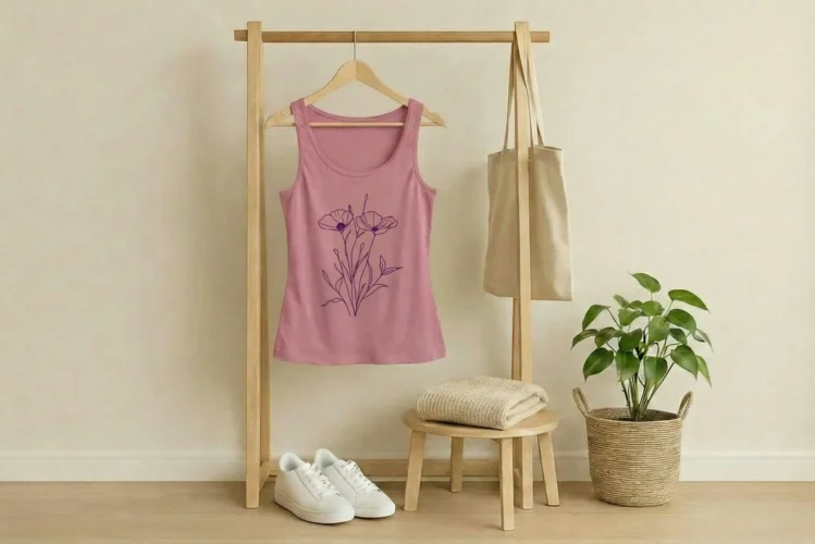 Minimalistische paarse lijntekening van een klaproos op een paarse haltertop aan een haakje aan de muur
