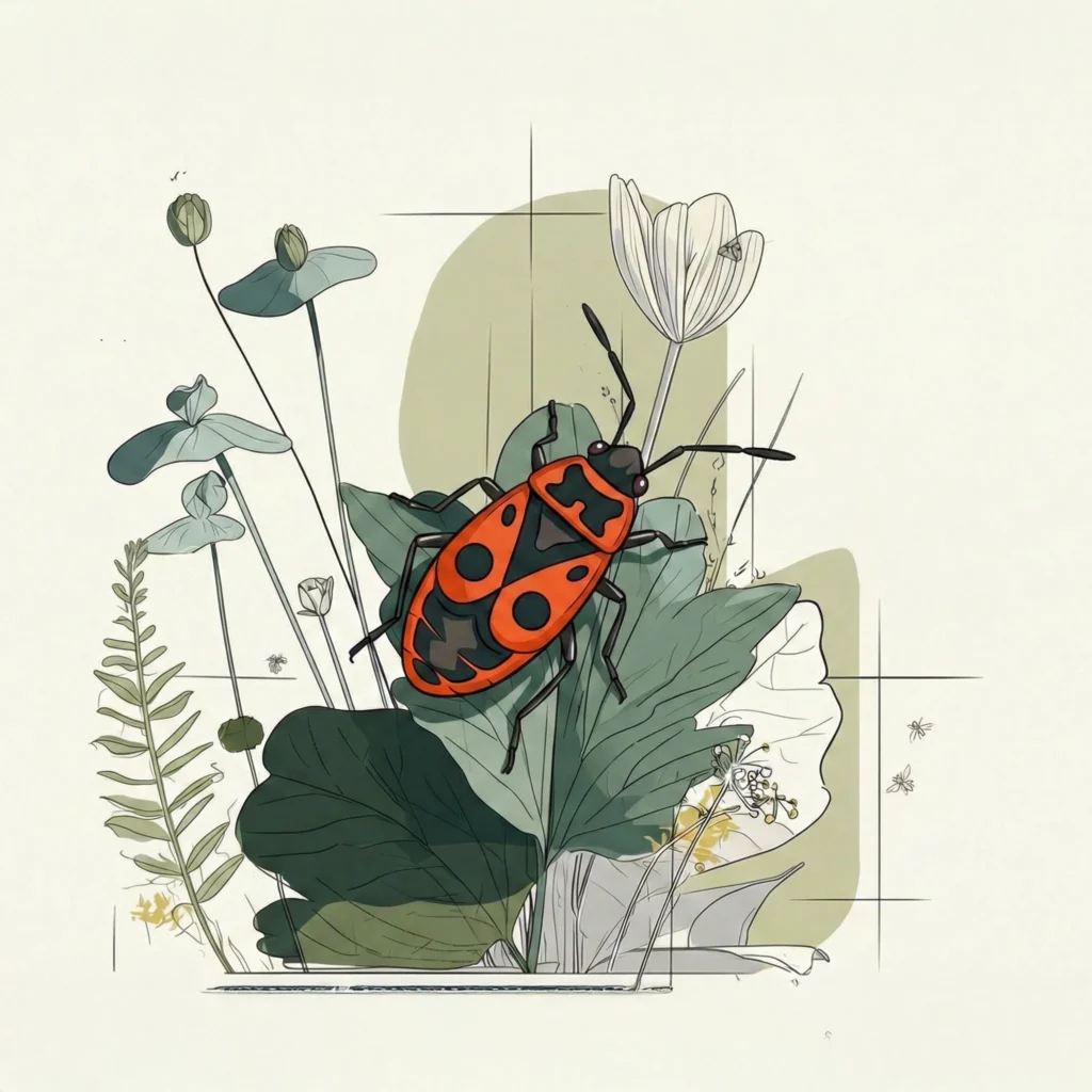 Getekende vuurwants in een tuin. Tuindierenportret: de vuurwants